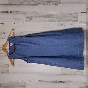 J Crew cotton denim blue chambray sleeveless shift dress pockets Size Small FLAW